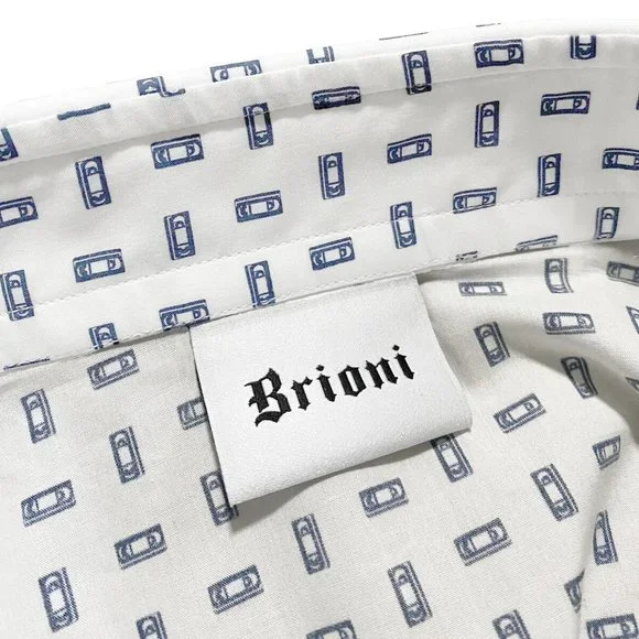 NEW $675 Brioni Fine Cotton Shirt! LVintage Inspired White With Blue VHS Tapes